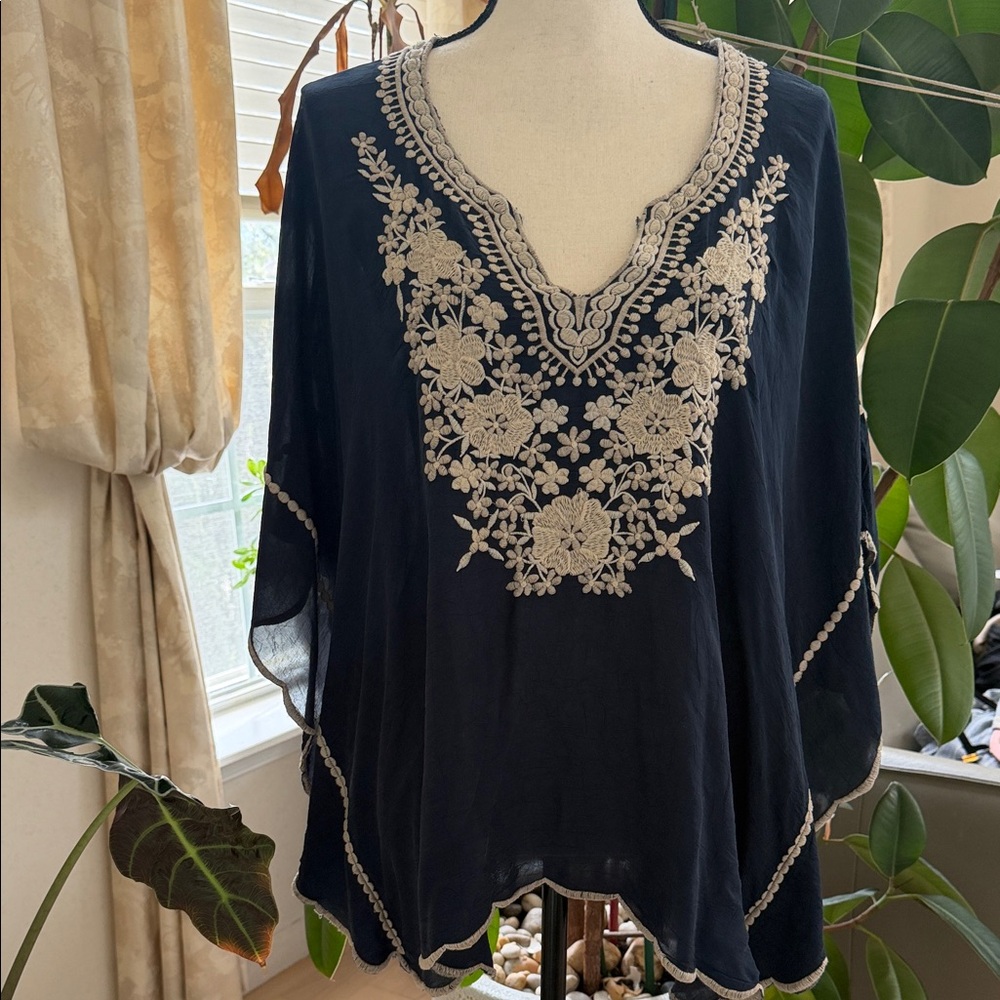 Johnny Was Navy Blue Embroidered Top
